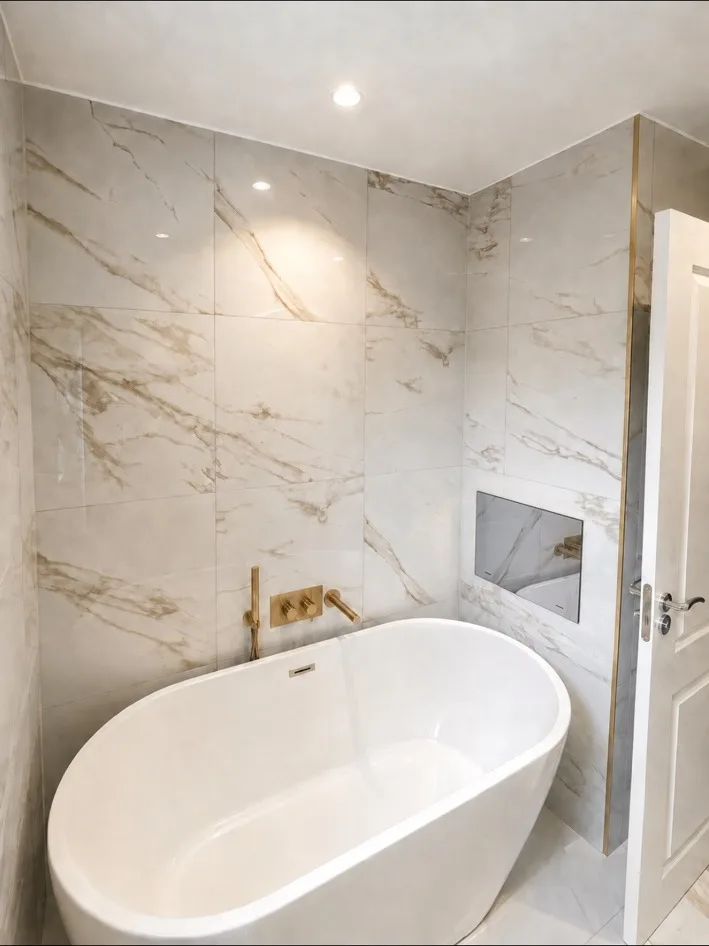 Freestanding bath and mirror TV completed by Oakside Joinery